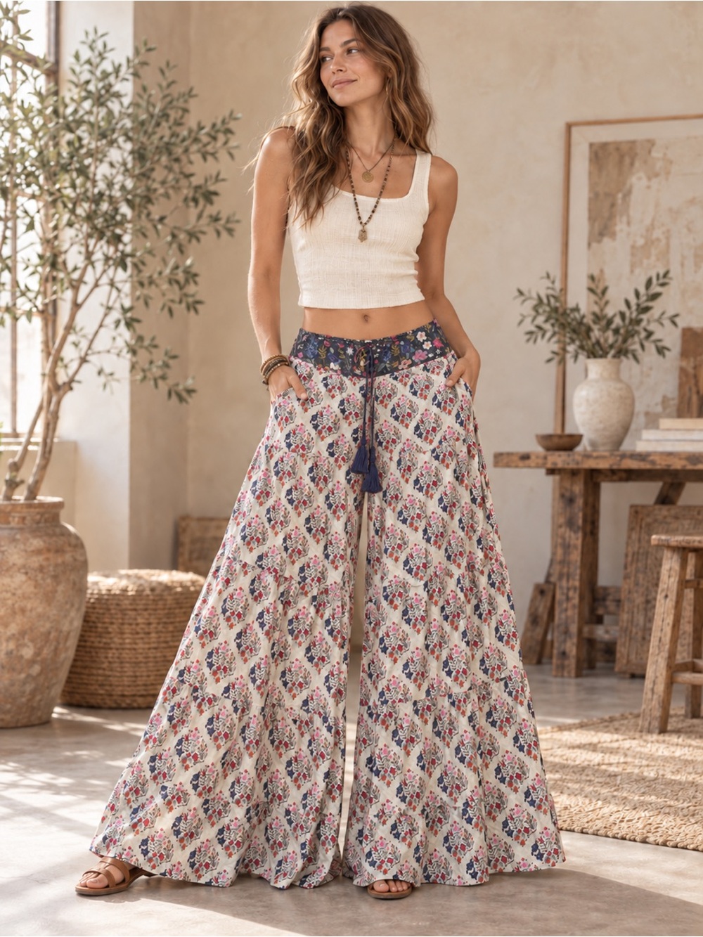 Natural Life NWT Patti Palazzo floral wide leg pants size Large boho chic artsy